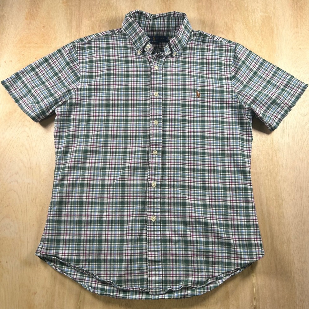 Ralph Lauren Boys Green Blue Plaid Slim Fit Short Sleeve Button Down Shirt M